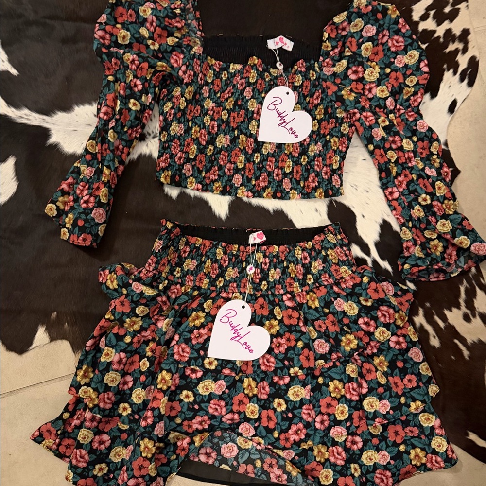 Buddy Love Floral Smocked Two-Piece in Black with Pink, Yellow, Green